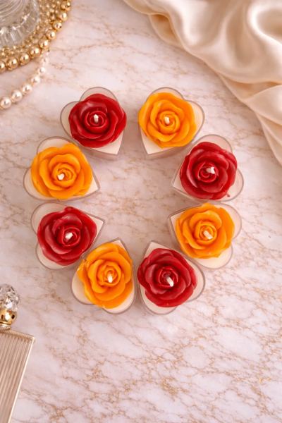 Set of 8 Multicolor Rose Scented Tealight Candles in Heart-Shaped Cups