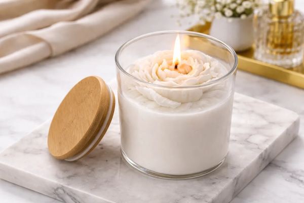 Jasmine Aura Flower Bloom Scented Candle – Soy Wax Blend in Glass Jar - 25 Hours Burn Time