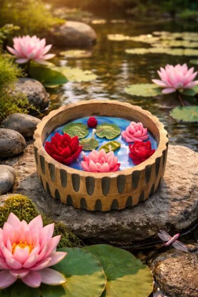 Handcrafted Lotus Pond Soy Wax Candle Bowl – Wooden Floating Flower Candle Decor with Mini Boat