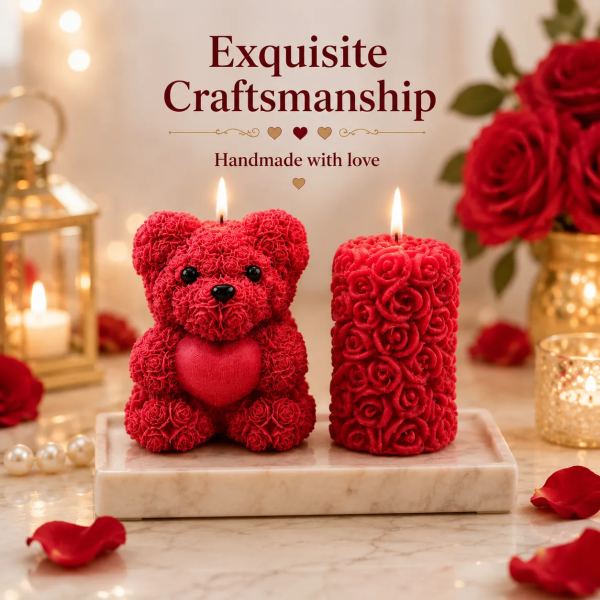 Handcrafted Rose Teddy Bear & Rose Pillar Candle Gift Set