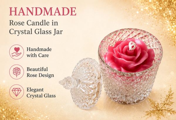 Handcrafted Rose Candle in Premium Crystal Glass Jar with Lid