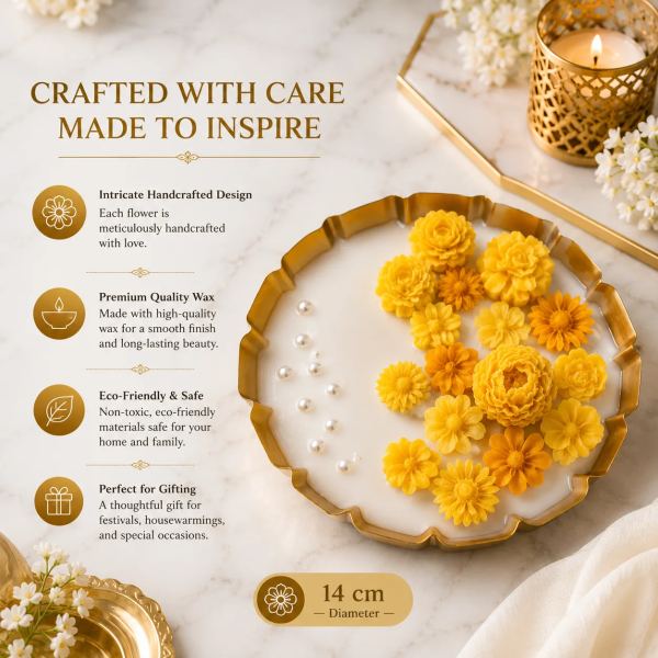 Yellow Floral Urli Candle with Decorative Metal Bowl – 14 cm Diameter