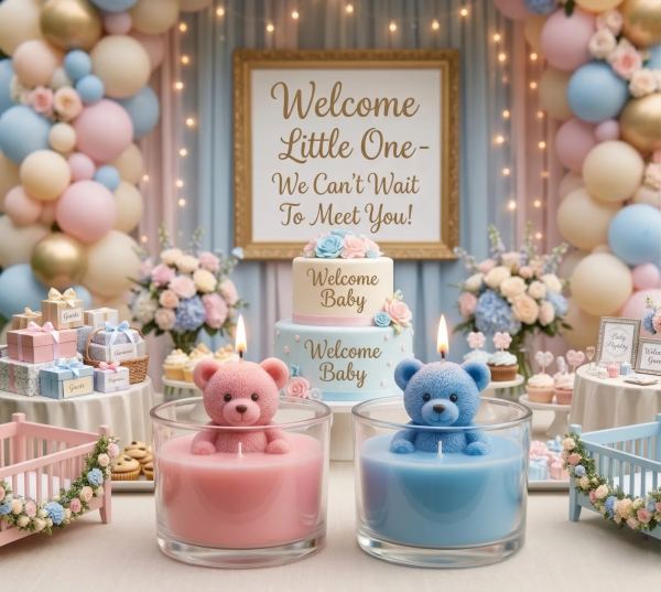Baby Shower Teddy Bear Scented Candle – Handcrafted Decorative Glass Jar Candle – Pink & Blue Gift Set