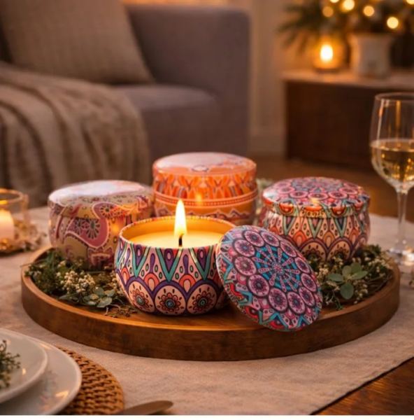 Pack of 12 Multicolour Mandala Travel Tin Candle