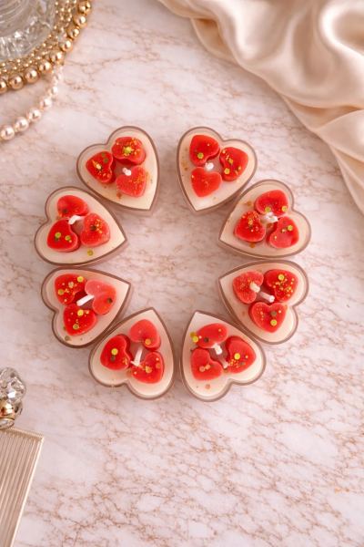 Set of 8 Heart Design Scented Tealight Candles with Mini Heart Embellishments
