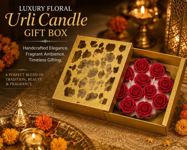 Luxury Floral Urli Candle Gift Box – Handmade Scented Rose Flower Candles in Decorative Metal