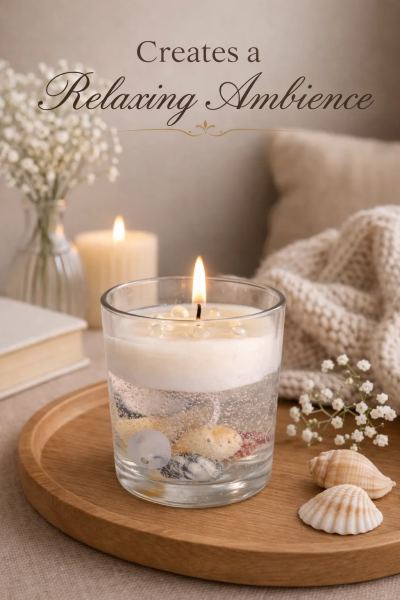 Handmade Gel Wax Candle with Real Seashells in Glass Jar – Decorative Scented Candle for Home Décor, Gifting, Relaxation – 8.5 cm x 7 cm