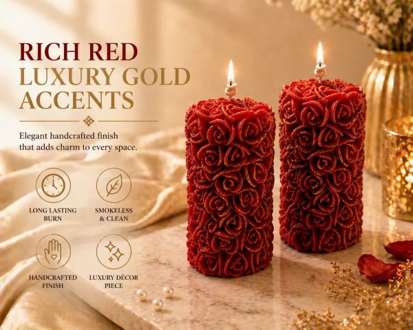 Luxury Rose Pillar Candles Set of 2 (11cm x 5.5cm)