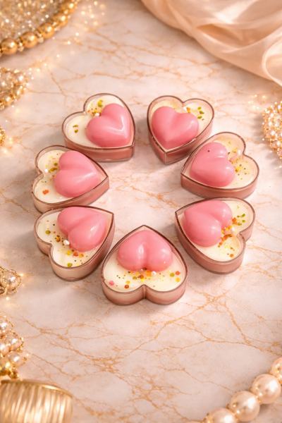 Set of 8 Pink Heart Scented Tealight Candles in Heart-Shaped Cups