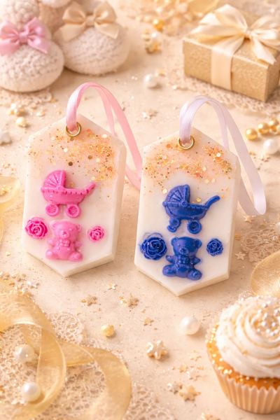 Handmade Baby Shower Wax Tablets (Pack of 2) – Pink & Blue Teddy Bear & Pram Design – Scented Wardrobe Freshener – Luxury Closet, Drawer & Room Fragrance Bars – Return Gift Set
