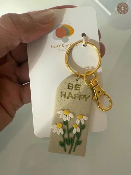 Handcrafted "Be Happy" Floral Clay Keychain