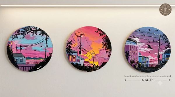 Handcrafted Sunset Cityscape Round Wall Painting