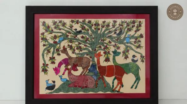 Framed Tribal Folk Art Painting – Deer Under the Tree of Life