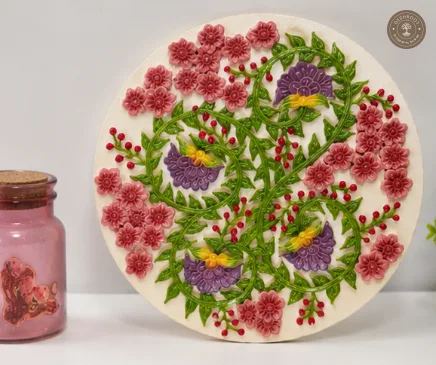 Handcrafted Floral Wall Décor Plaque – Embossed Ceramic Art