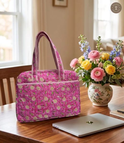 Royal Pink Floral Quilted Laptop Bag