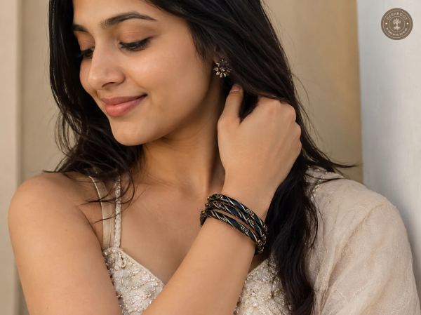 Noir Crystal Stripe Handcrafted Bangles Set