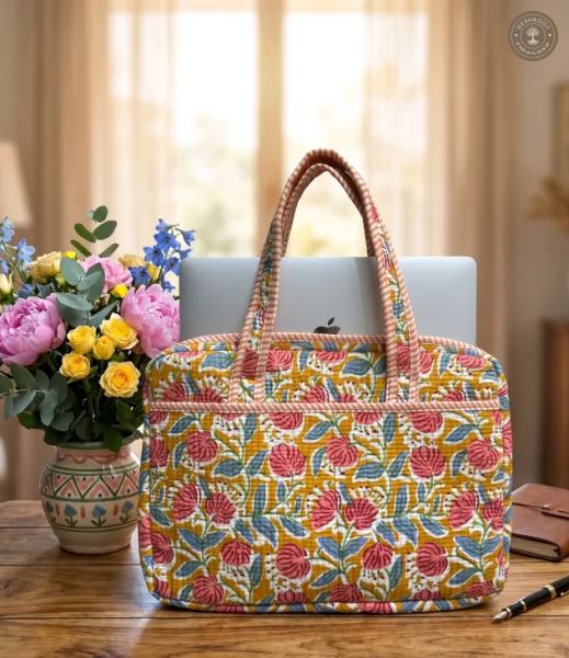 Mustard Floral Quilted Laptop Bag