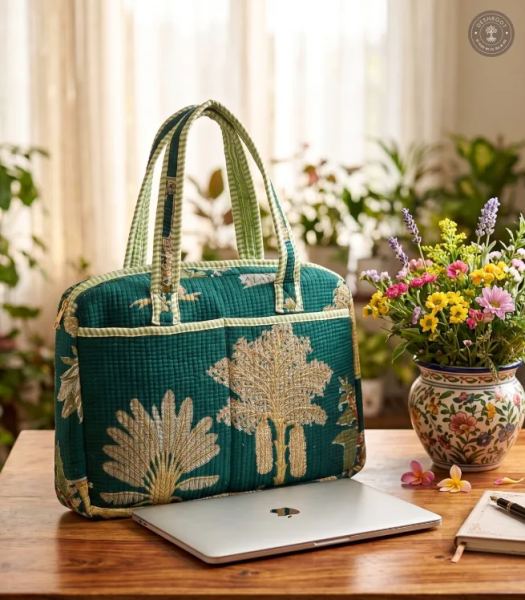 Emerald Botanical Quilted Laptop Bag