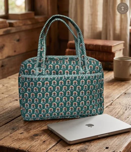 Emerald Block Print Quilted Laptop Bag