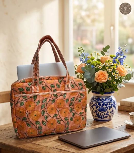 Peach Sunflower Quilted Laptop Bag