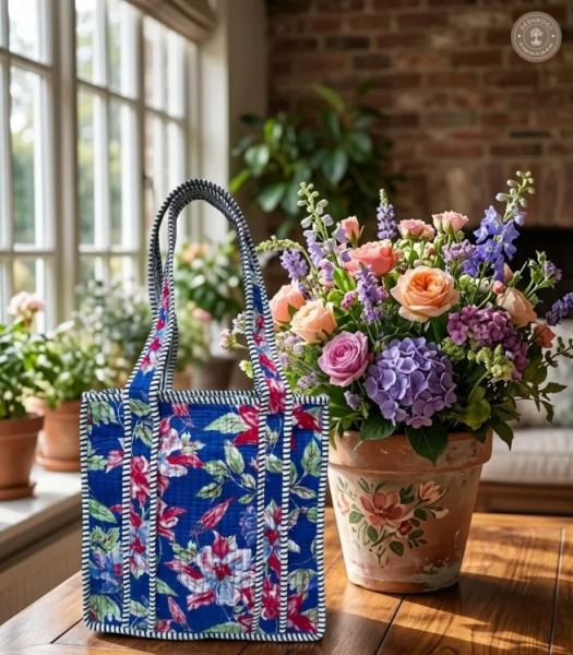 Royal Blue Floral Quilted Lunch Box Hand Bag