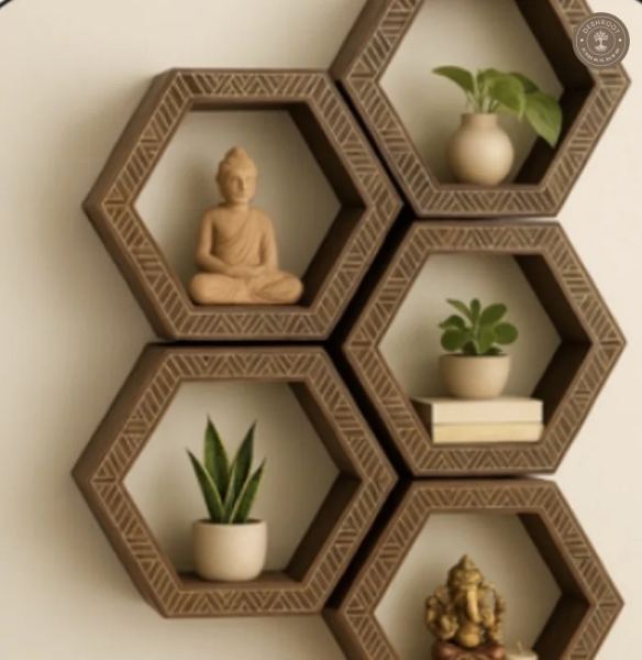 Hexa Haven Wooden Wall Shelf Set