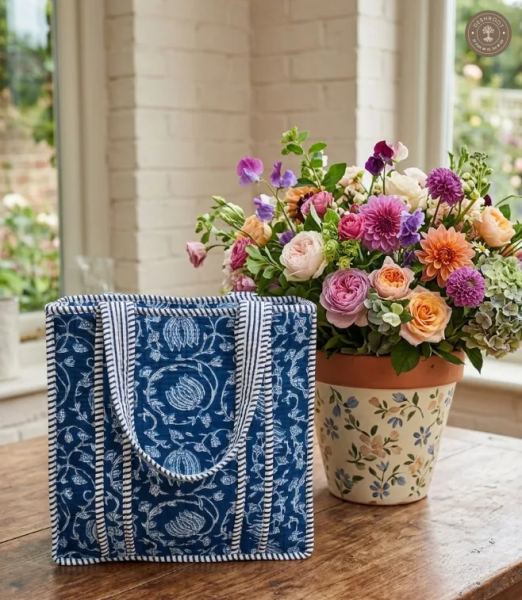Indigo Floral Quilted Lunch Box Hand Bag