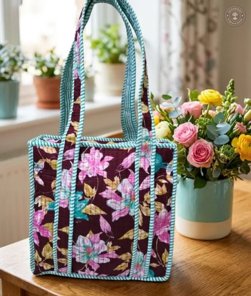 Burgundy Floral Quilted Lunch Box Hand Bag