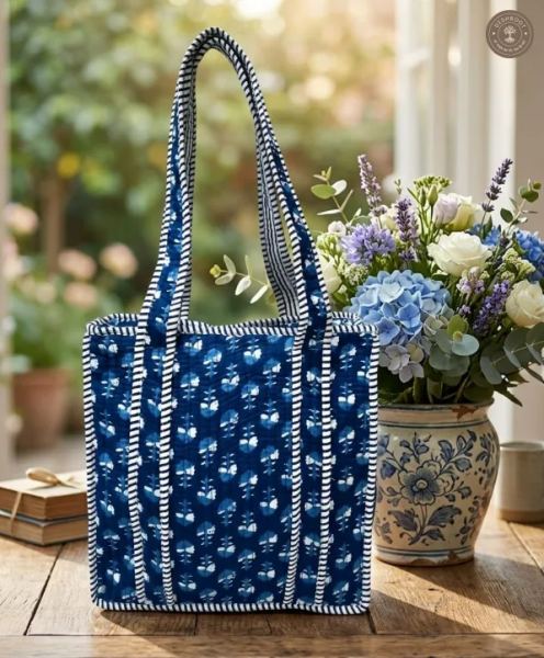Handcrafted Blue Quilted Cotton Lunch Bag