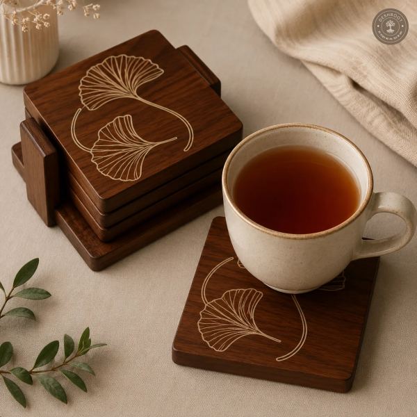 Ginkgo Elegance Wooden Coaster Set