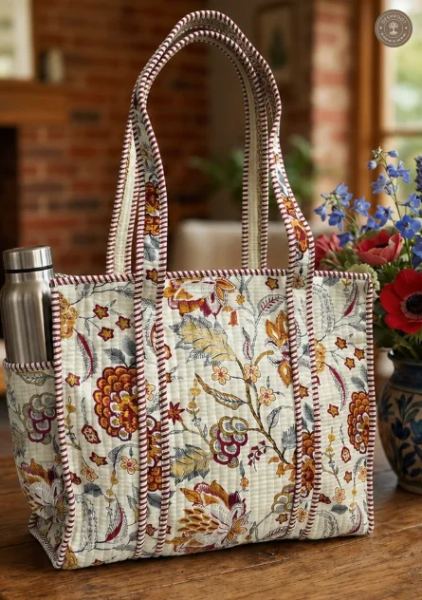 Handcrafted Quilted Floral Cotton Tote Bag with Bottle Pocket