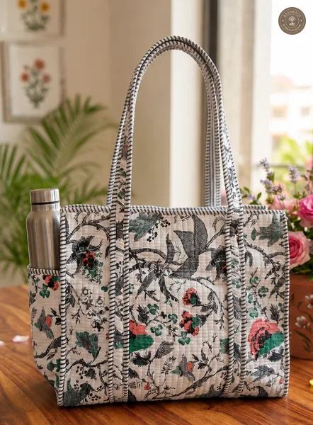 Handcrafted Quilted Botanical Cotton Tote Bag with Bottle Pocket