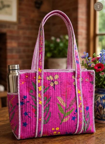 Handcrafted Quilted Pink Floral Cotton Tote Bag with Bottle Pocket