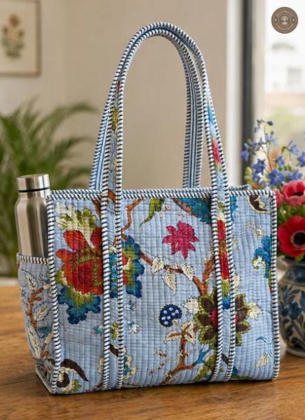Handcrafted Quilted Floral Cotton Tote Bag with Bottle Pocket