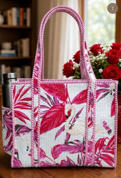 Pink Flamingo Quilted Cotton Tote Bag with Bottle Pocket