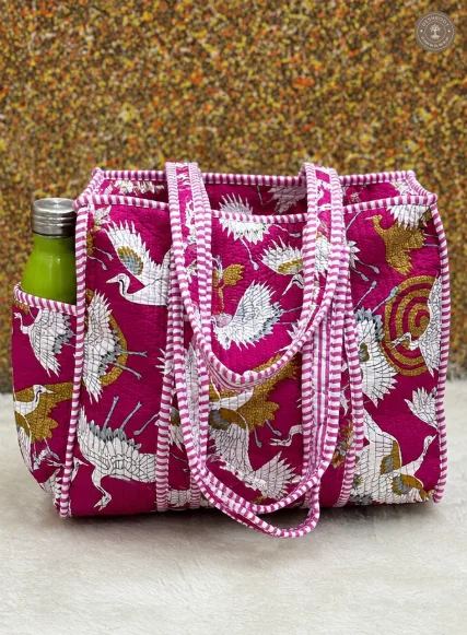 Handcrafted Quilted Crane Print Cotton Tote Bag with Bottle Pocket