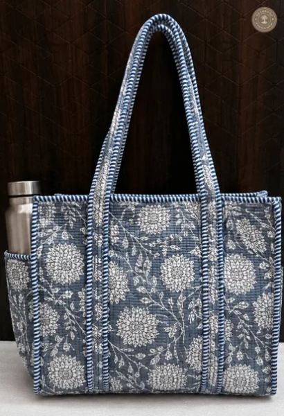Handcrafted Grey Floral Quilted Cotton Tote Bag with Bottle Pocket