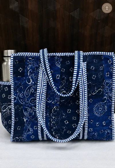 Handcrafted Navy Blue Quilted Cotton Tote Bag with Paisley Print & Bottle Pocket