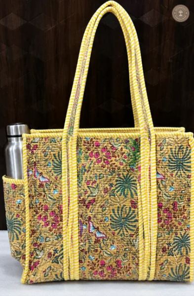 Handcrafted Beige Floral Quilted Cotton Tote Bag with Bottle Pocket