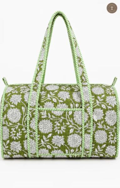 Handcrafted Quilted Green Floral Cotton Duffel Bag