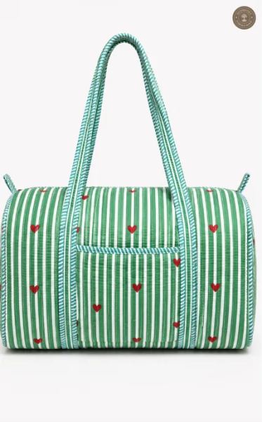 Handcrafted Quilted Green Striped Cotton Duffel Bag with Heart Print