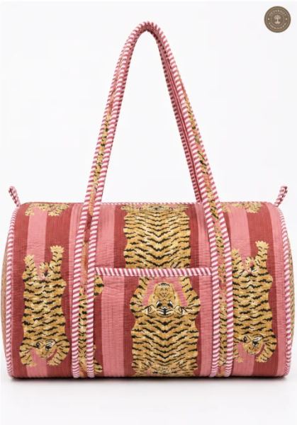 Handcrafted Quilted Tiger Print Cotton Duffel Bag