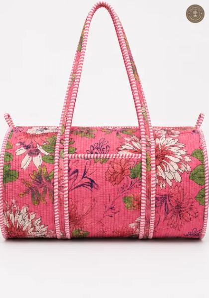 Handcrafted Quilted Pink Floral Cotton Duffel Bag