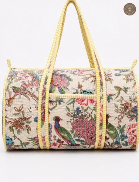 Handcrafted Quilted Vintage Floral & Bird Print Cotton Duffel Bag
