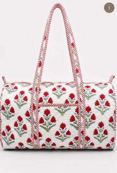 Handcrafted Quilted Red Floral Cotton Duffel Bag