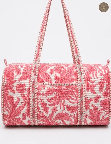 Handcrafted Quilted Coral Tropical Cotton Duffel Bag