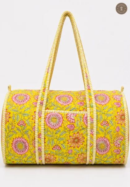 Handcrafted Quilted Yellow Floral Cotton Duffel Bag