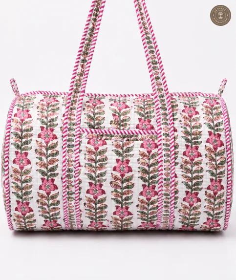 Handcrafted Quilted Pink Floral Block Print Cotton Duffel Bag