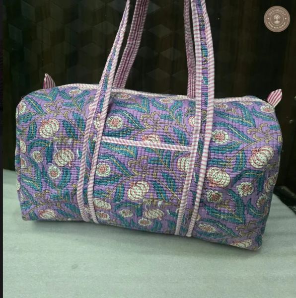 Handcrafted Quilted Lavender Floral Cotton Duffel Bag