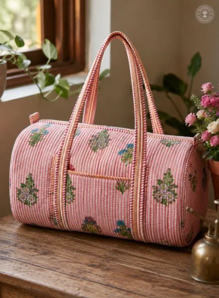 Handcrafted Quilted Floral Stripe Duffle Bag